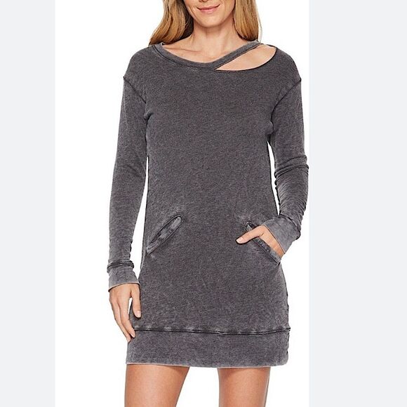 Allen Allen Charcoal Gray Long Sleeve Distressed Cut Out Crewneck Mini Dress XL - Picture 1 of 7